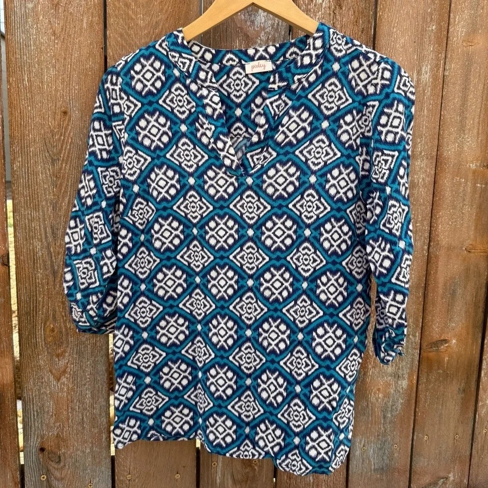 Pixley Women’s Blue Teal Patterned V Neck Blouse 3/4 Sleeve Shirt Size Medium